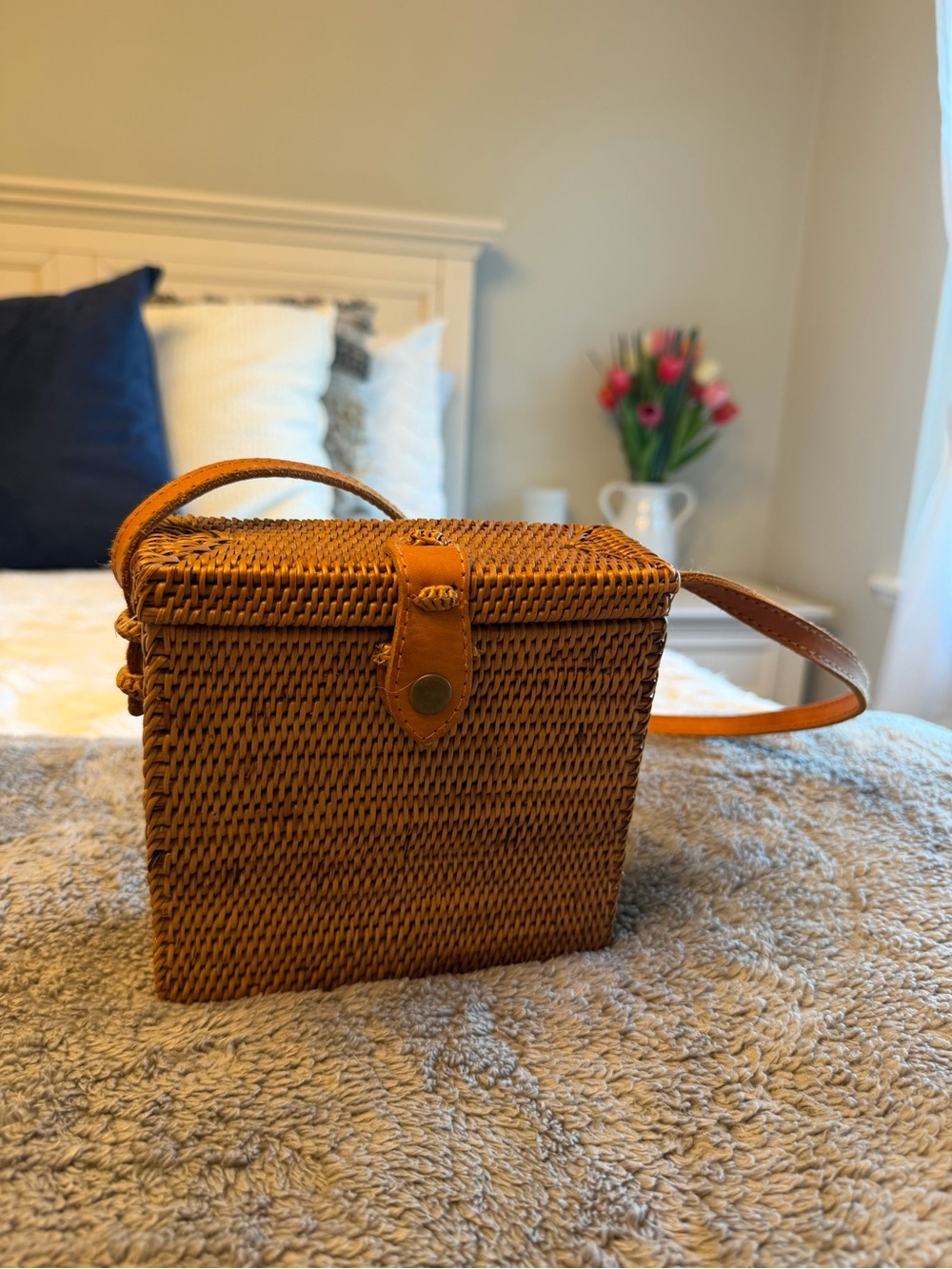 Woven Box Crossbody Bag in Cognac Brown